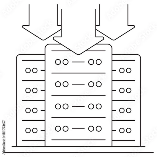 Fototapeta Data Storage Server icon. Vector pictogram with thin black lines on transparent background. Line thickness is editable. Three arrows pointing to a server rack symbolize data flow into storage