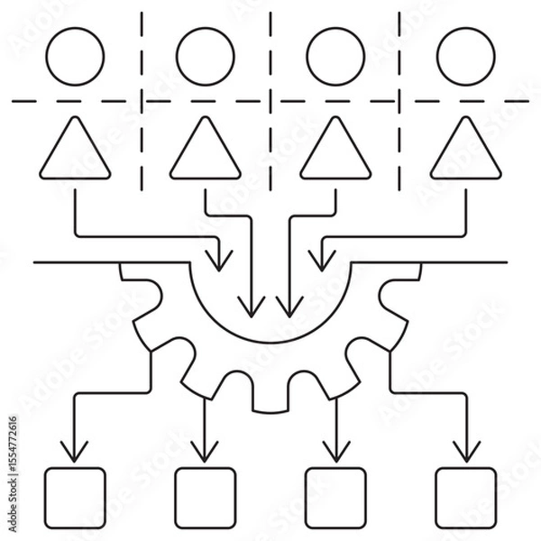 Fototapeta Feature Engineering icon. Vector pictogram with thin black lines on transparent background. Stroke width is editable. Shows AI feature selection, transformation, and processing workflow