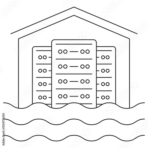 Fototapeta Data Lake or Data Warehouse icon. Vector pictogram with thin black lines on transparent background. Line thickness is editable. Server racks inside a storage structure with water wave lines