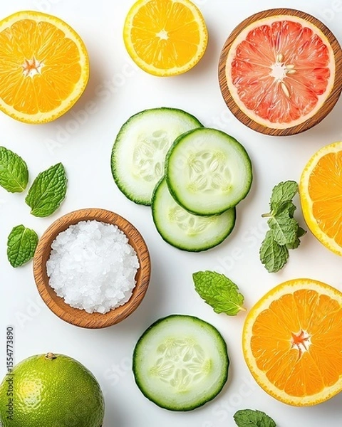 Obraz Top View Skincare Flatlay with Sliced Cucumber and Mint