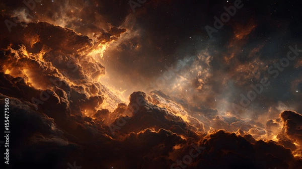 Fototapeta Dramatic Cosmic Nebula with Fiery Orange Clouds and Distant Stars