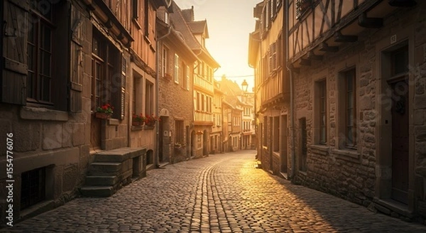 Fototapeta A cobblestone alley winds through the medieval architecture of an old European town at night
