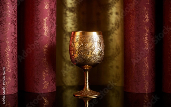 Fototapeta An ornate antique gold goblet with intricate floral engravings stands elegantly on a reflective surface framed by rich burgundy and gold textured drapery