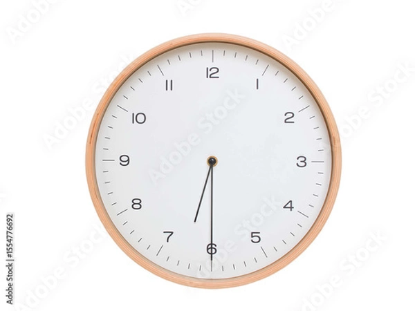 Fototapeta Minimal wall clock with light wood frame and white face displaying 06:30 or 18:30. Perfect for clean, modern concepts about time and scheduling.
