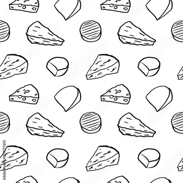 Obraz Cheese seamless pattern vector illustration. Cheesy repeating background. Milky Cheeses food rapport, dairy products, pressed curds. Design for wrapping, paper, label, packing