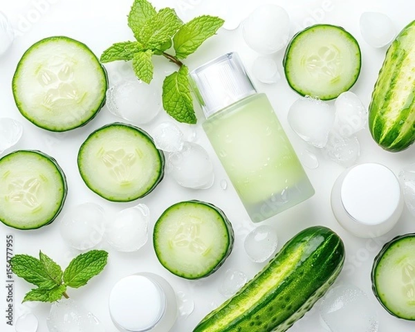 Obraz Top View Skincare Flatlay with Sliced Cucumber and Mint