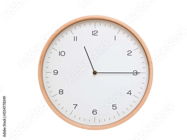 Fototapeta Minimal wall clock with light wood frame and white face displaying 11:15 or 23:15. Perfect for clean, modern concepts about time and scheduling.