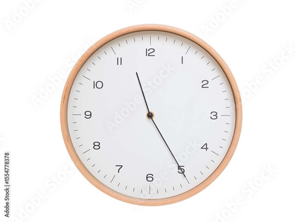 Fototapeta Minimal wall clock with light wood frame and white face displaying 11:25 or 23:25. Perfect for clean, modern concepts about time and scheduling.