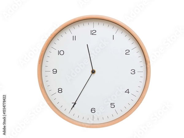 Fototapeta Minimal wall clock with light wood frame and white face displaying 11:35 or 23:35. Perfect for clean, modern concepts about time and scheduling.
