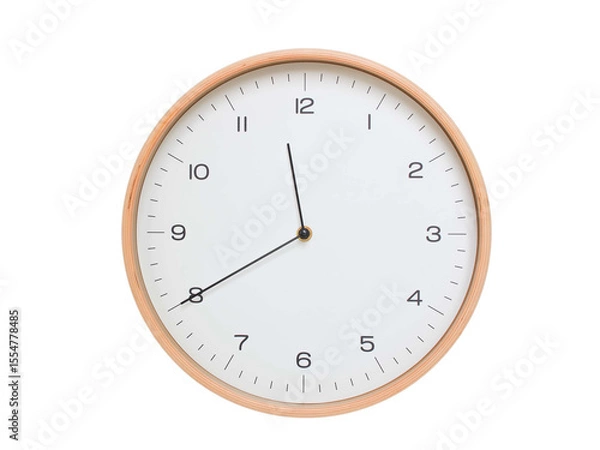 Fototapeta Minimal wall clock with light wood frame and white face displaying 11:40 or 23:40. Perfect for clean, modern concepts about time and scheduling.