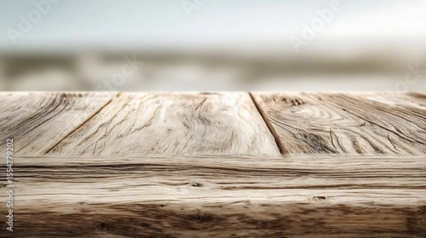 Fototapeta Rustic Wooden Tabletop with Blurred Background of Sea and Sky, Ideal for Displaying Products