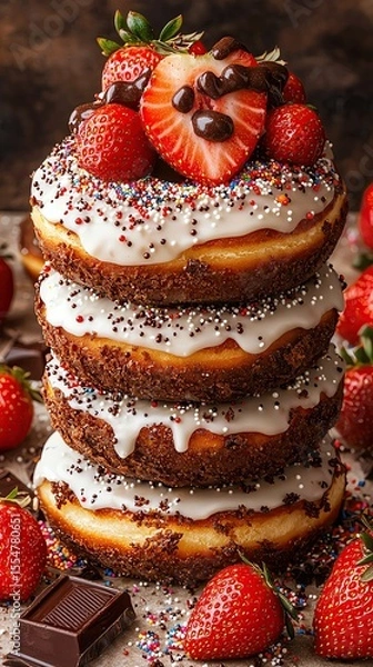 Obraz Stacked donuts with sprinkles and icing on a sweet background