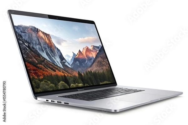 Fototapeta A blank screen laptop in silver or black color is a versatile technology for business and communication, whether it's an isolated object or open to the world