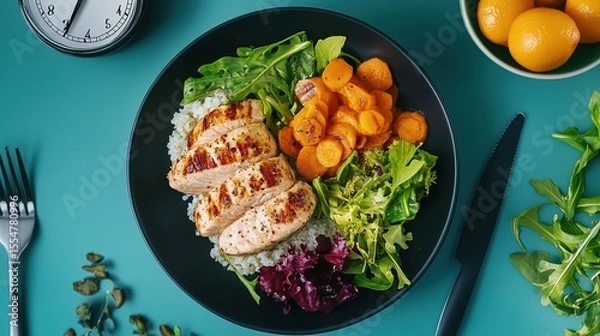 Fototapeta A healthy meal consisting of grilled chicken, steamed rice, fresh mixed greens, and sliced carrots on a black plate with a blue background.