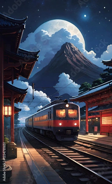 Fototapeta The picture depicts a Japanese train at a station platform under a large full moon and Mount Fuji in the background, with a dramatic sunset sky reflecting orange and pink hues.