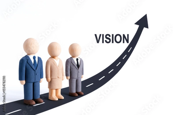 Fototapeta Three wooden figurines dressed in business attire standing on road with upward arrow and word VISION, symbolizing growth and leadership in concept of progress and strategic planning