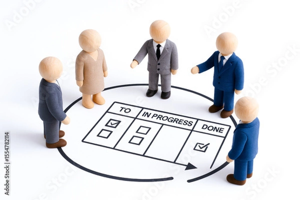 Fototapeta Wooden figurines representing team engaged in leadership concept with task management board, emphasizing agile collaboration and progress tracking in professional setting