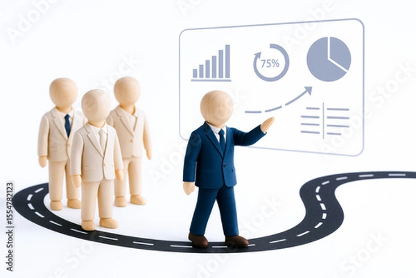 Fototapeta Group of wooden figurines dressed business suits are standing curved road with figure dark suit presenting data transparent screen. scene depicts agile leadership and concept of guiding teams