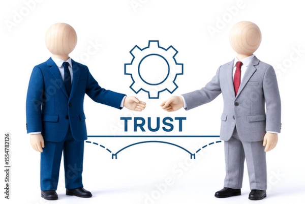 Fototapeta Two puppet figures business suits shaking hands with gear icon and word trust between them, representing collaboration and confidence leadership and concept of trust professional relationships