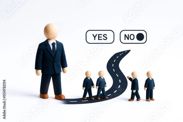 Fototapeta Wooden figurines business attire with decision options and winding road symbolizing choice and leadership development, emphasizing concept of agile decision making and leadership growth creative