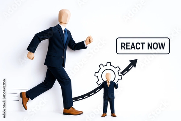 Fototapeta Large figure of person business suit appears to be running forward with smaller figure of person business suit holding gear and pointing upward, symbolizing growth and progress concept of agile