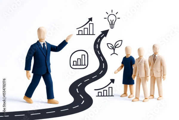 Fototapeta Group of wooden mannequins with person in suit presenting concept of growth and innovation, emphasizing leadership and agility in creative and professional environment