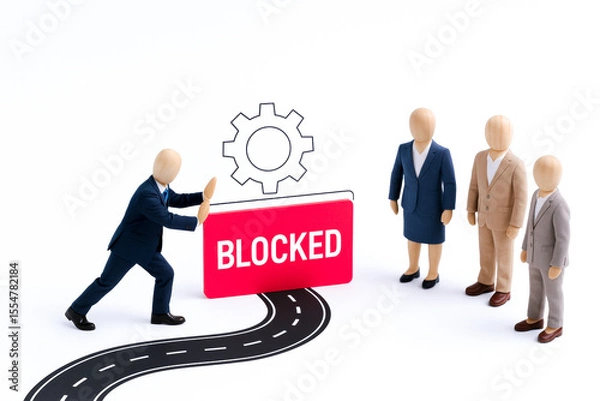 Fototapeta Miniature scene depicting person business suit pushing against large BLOCKED sign with gear icon above, symbolizing concept of obstacle or restriction professional or technological environment
