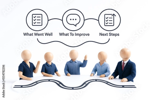 Fototapeta Group of five wooden mannequins dressed in business attire sitting at table with road design, discussing concepts of success and improvement, illustrating agile leadership and strategic planning