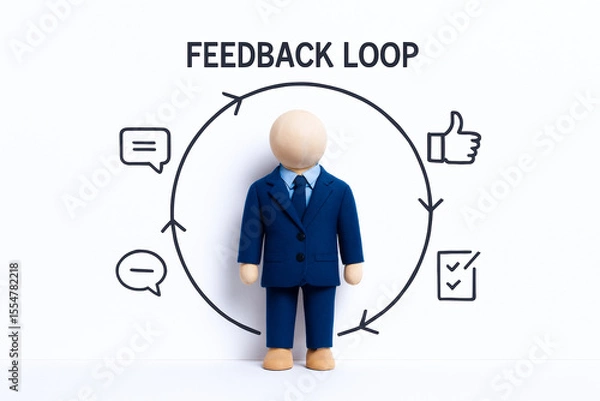 Fototapeta Doll dressed in blue suit standing in front of feedback loop diagram with icons of speech bubbles, thumbs up, and checklists, illustrating concept of agile leadership and feedback process