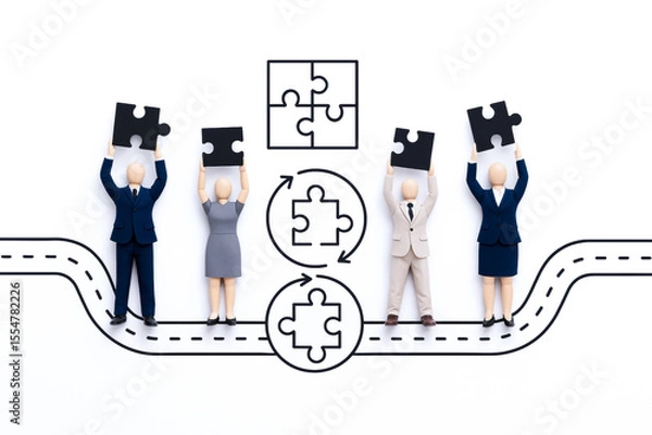Fototapeta Business team working together to solve puzzle with concept diagrams and road map illustrations on white background, emphasizing agile leadership and teamwork skills in creative way