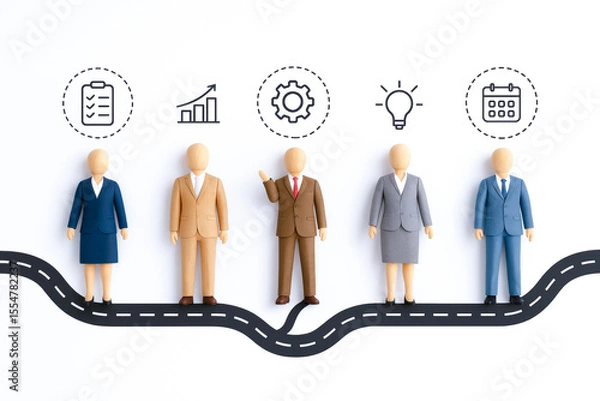 Fototapeta Group of five business figures formal attire standing winding road with icons above their heads representing planning, growth, management, ideas, and scheduling, illustrating agile leadership
