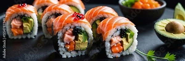 Fototapeta Fresh salmon nigiri and maki sushi with various ingredients served on black stone plates, creating an enticing culinary scene