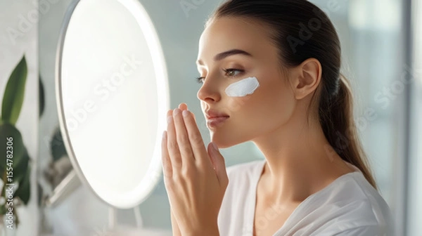 Fototapeta Woman applying moisturizing cream, smiling while performing skincare routine near illuminated mirror in bright, contemporary bathroom, emphasizing personal beauty regimen
