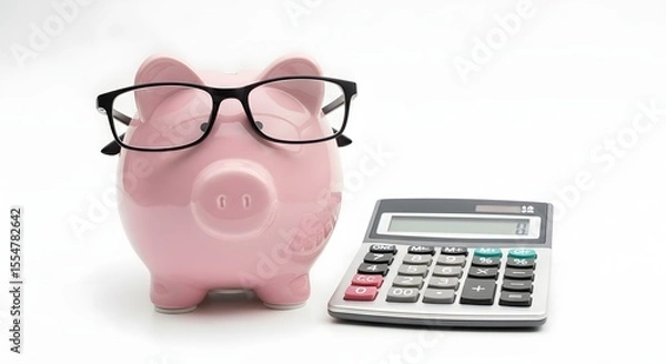 Fototapeta Smart Savings Piggy Bank with Glasses and Calculator