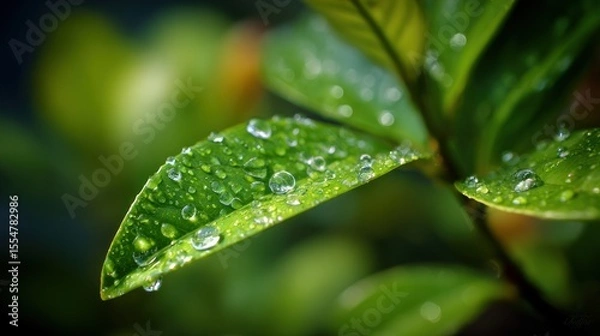 Fototapeta Close-up of green leaves covered in water droplets with blurred background.