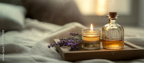 Fototapeta Wooden tray displaying burning candle, lavender oil bottle, and fresh lavender sprigs, generating serene mood on softly illuminated bedding