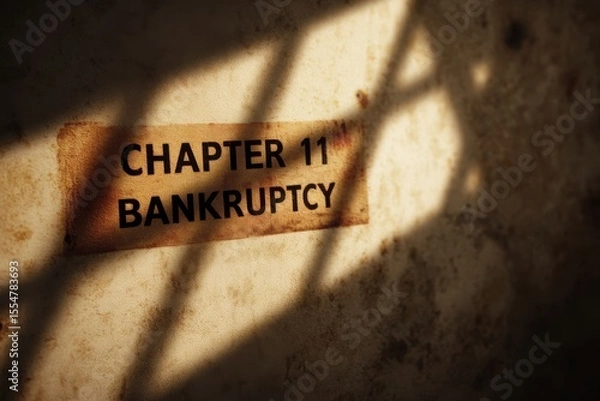 Fototapeta A worn label with "Chapter 11 Bankruptcy" is illuminated on a textured surface, symbolizing financial distress and legal restructuring.