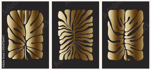 Fototapeta Abstract groovy posters flowers in gold tones. Modern trendy Minimal style. Hand drawn design for wallpaper, wall decor, print, postcard, cover, template, banner.
