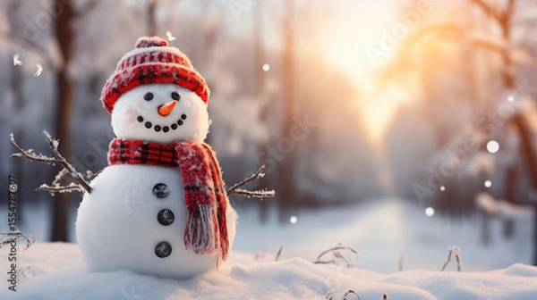 Obraz Christmas snowman with carrot nose, button eyes, red hat and scarf in snowy forest at sunrise with falling snow. Cheerful winter decoration.