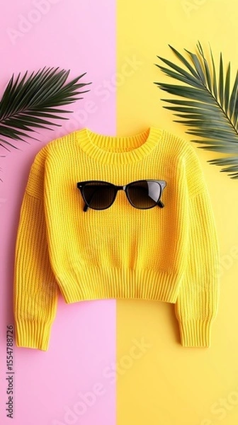 Obraz Yellow Flatlay Featuring Knit Sweater Sunglasses and Palm Leaf