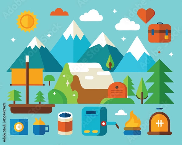 Fototapeta Vector art of a scenic mountain landscape with a boat, trees, and camping equipment