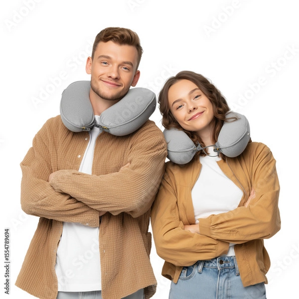 Obraz Two young travelers with neck pillows and bags smiling confidently isolated on transparent background (5)