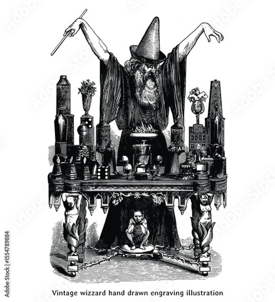 Fototapeta Vintage Wizard with Alchemy Table – Hand Drawn Occult Illustration