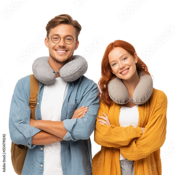 Obraz Two young travelers with neck pillows and bags smiling confidently isolated on transparent background