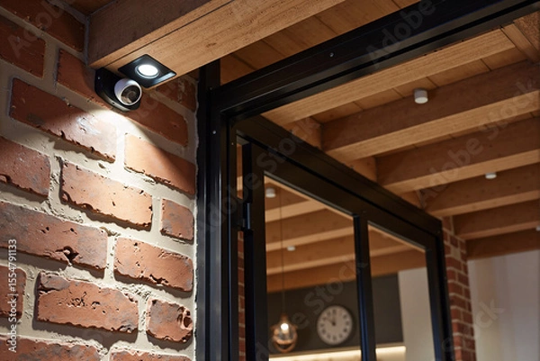 Fototapeta Modern white outdoor security camera with integrated lighting installed on a rustic brick wall under a wooden ceiling, providing surveillance, safety for a contemporary home with loft style