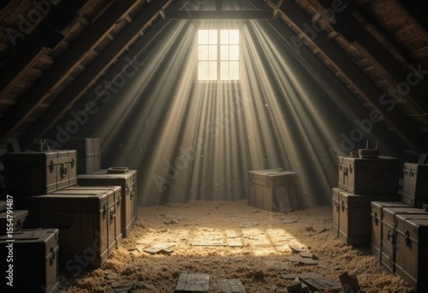 Fototapeta Sunlight streaming through dusty attic window onto old wooden storage chests.