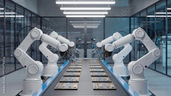 Fototapeta Modern industrial automation with robotic arms assembling electronics in a glass-walled, fluorescent-lit factory workspace