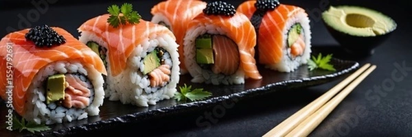 Fototapeta Delicious uramaki sushi rolls covered with salmon and black caviar, garnished with lime and pickled ginger