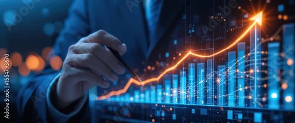 Fototapeta Businessman analyzing financial growth chart with rising arrow line on screen.