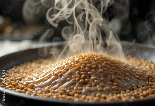 Fototapeta Steaming hot soybeans with creamy sauce on black plate, close-up view.